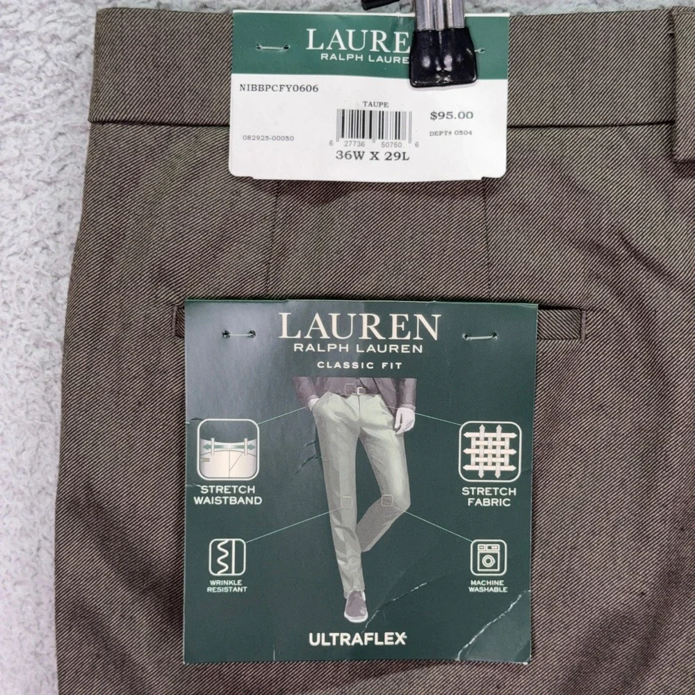 Lauren Ralph Lauren Dress Pants Mens 36x29 Taupe Ultraflex Pleated Preppy Office